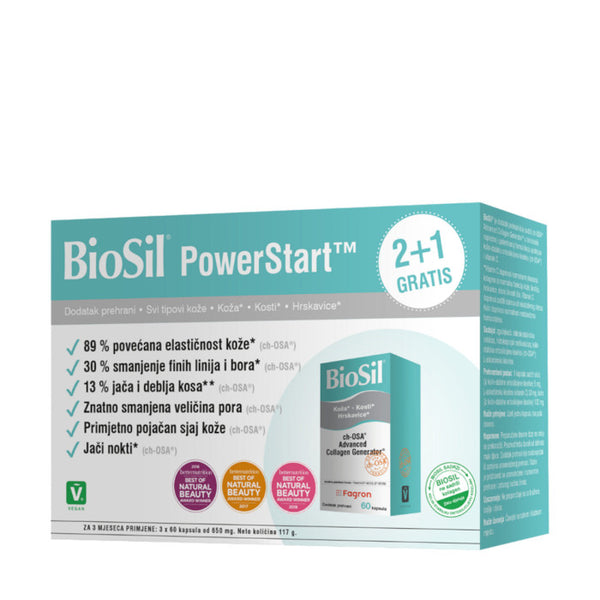 BioSil PowerStart paket 2+1 GRATIS, 3 x 60 kapsula – dodatak prehrani s ch-OSA, vitaminom C i kolinom za kožu vitashop.hr